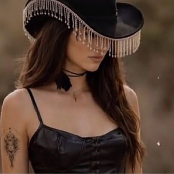 Black Rhinestone Tassel Cowboy Hat - Sparkly Fringe Cowgirl Western Glam